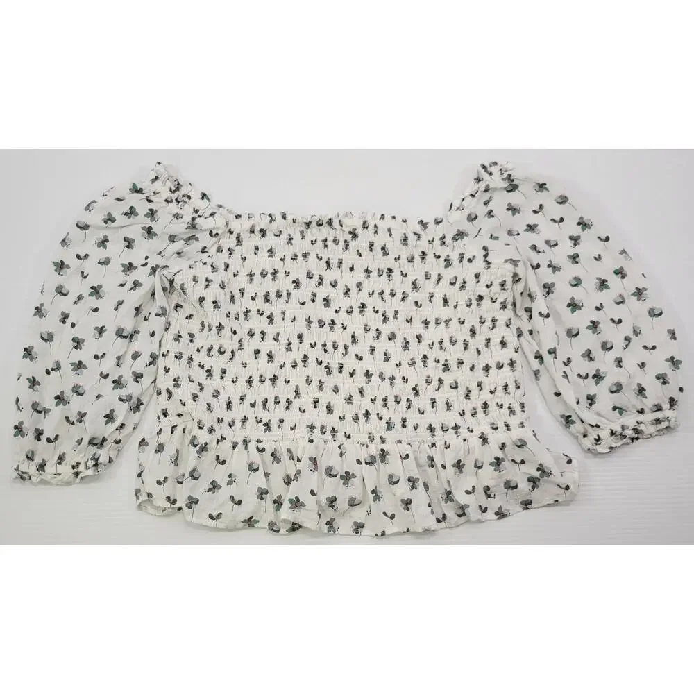 M2) LOFT Plus Woman Puff Sleeve Floral Smocked Top Size 16 White Green